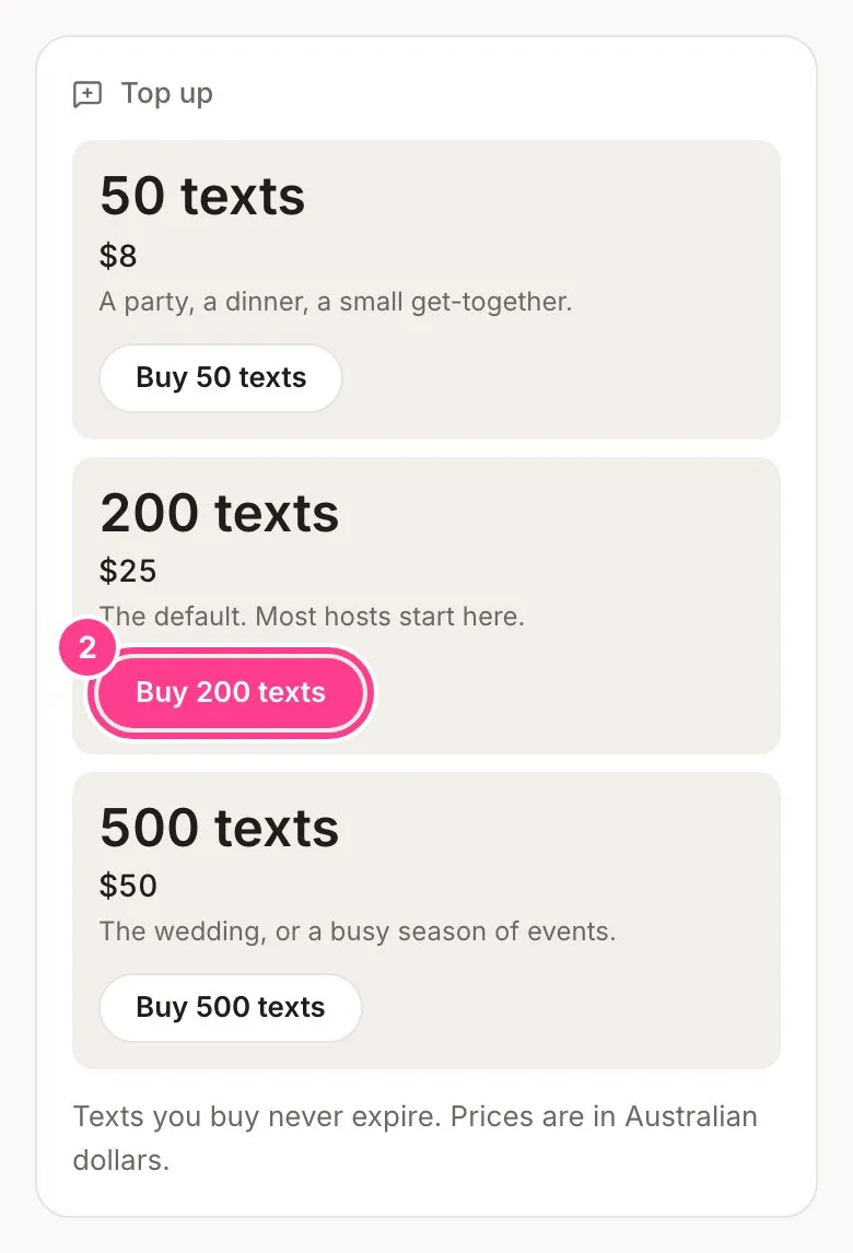 The Top up card with 50, 200 and 500 text packs, and the Buy 200 texts button circled