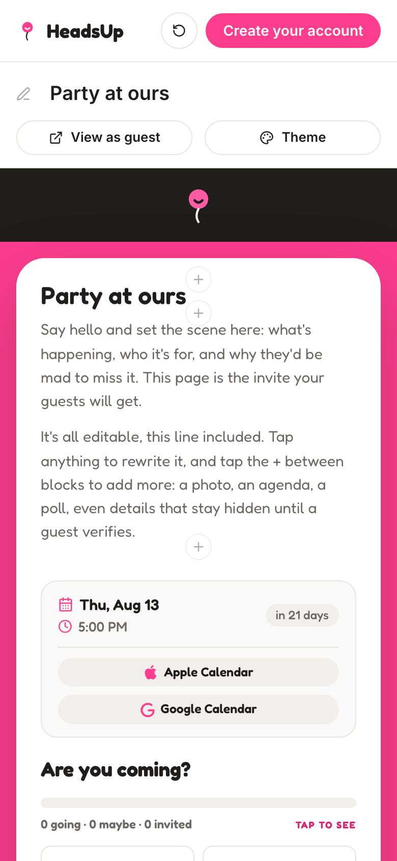 The HeadsUp editor on a phone: a dark cover with the balloon mark over an editable invite