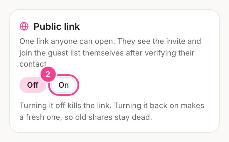 The Public link card with the On button circled