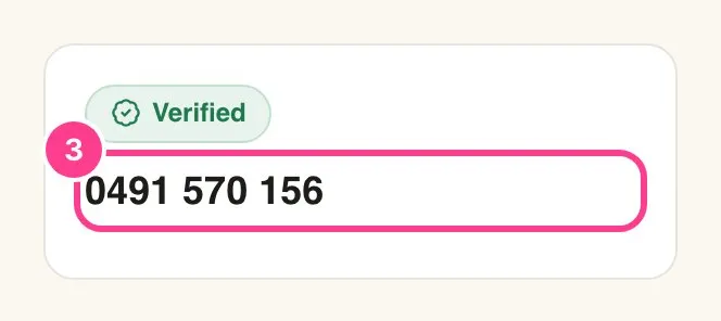 The unlocked card showing the host’s number, circled, under a Verified badge