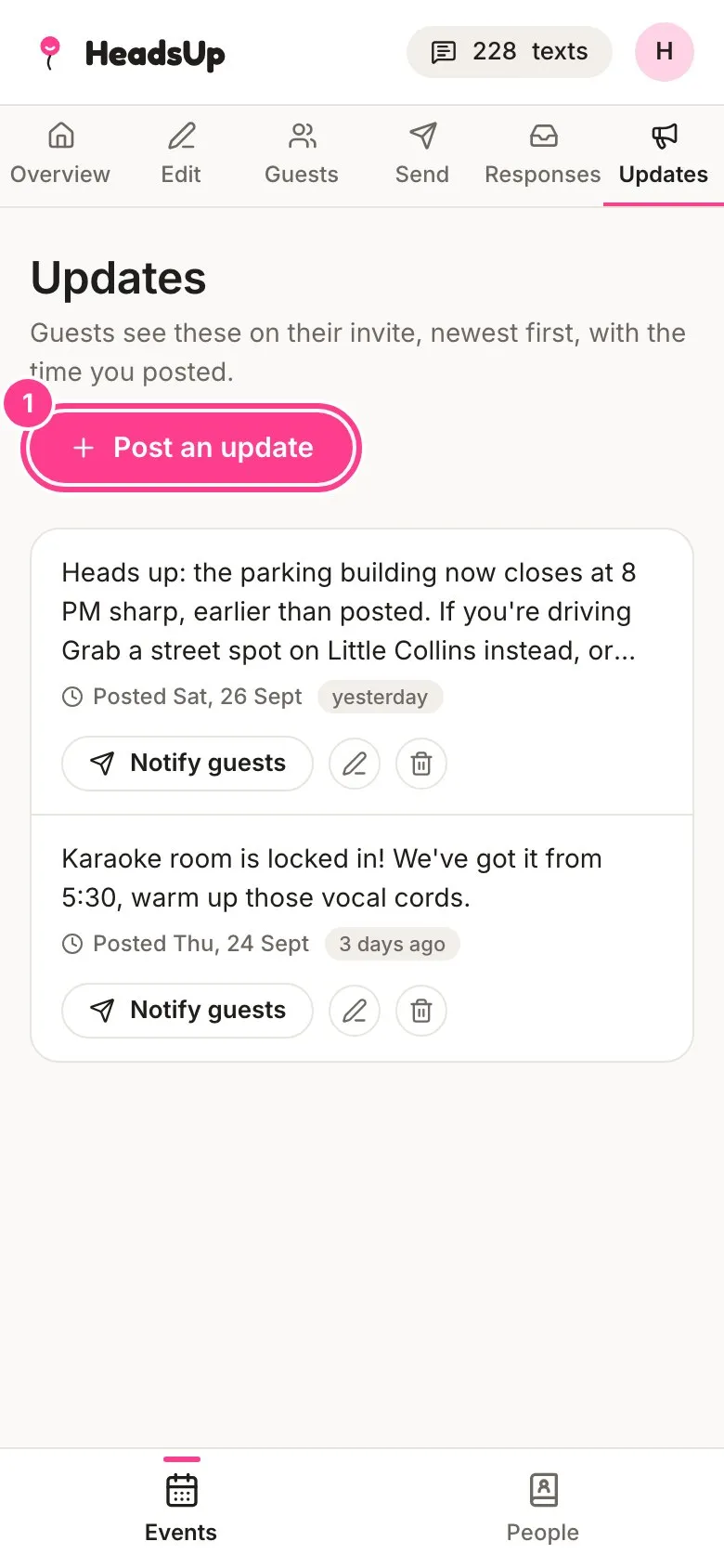 The Updates screen with the Post an update button circled