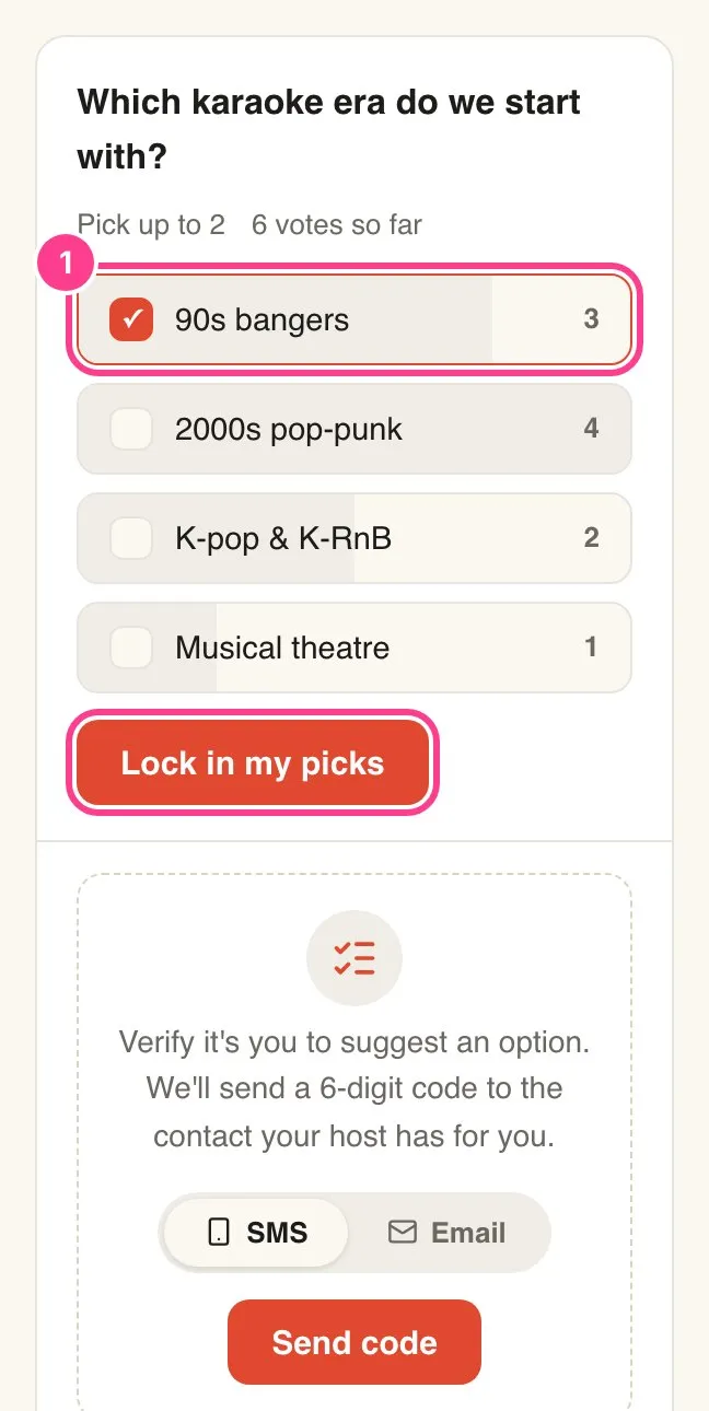 A poll with 90s bangers ticked, and the Lock in my picks button circled