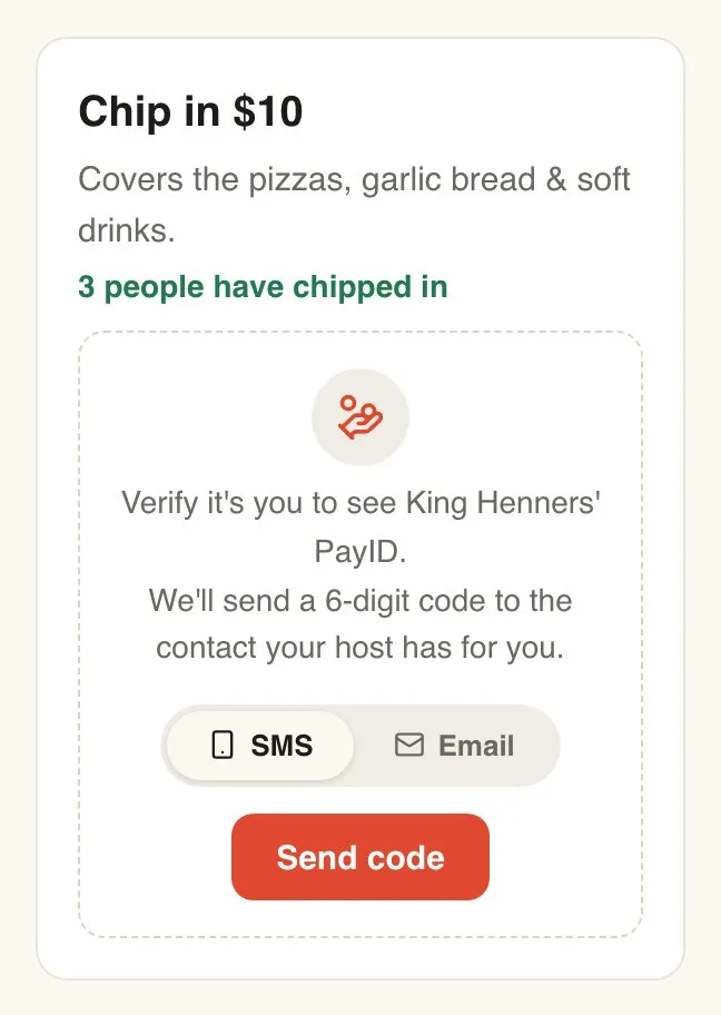 The chip-in card as guests see it, with the amount, the count and the code card over the payment details