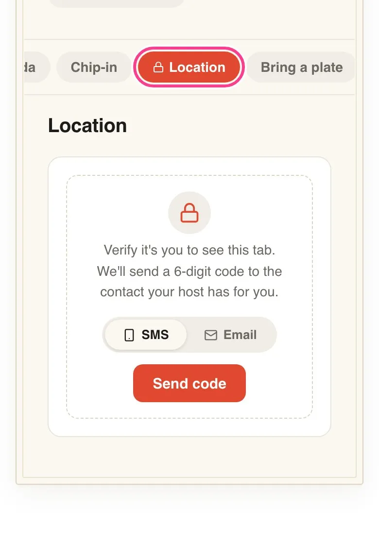 The guest’s view of a locked Location tab, showing the lock on the tab and the code card in place of its content