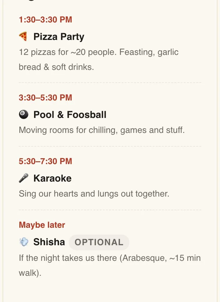 The agenda as guests see it, with each time above its row and a note underneath