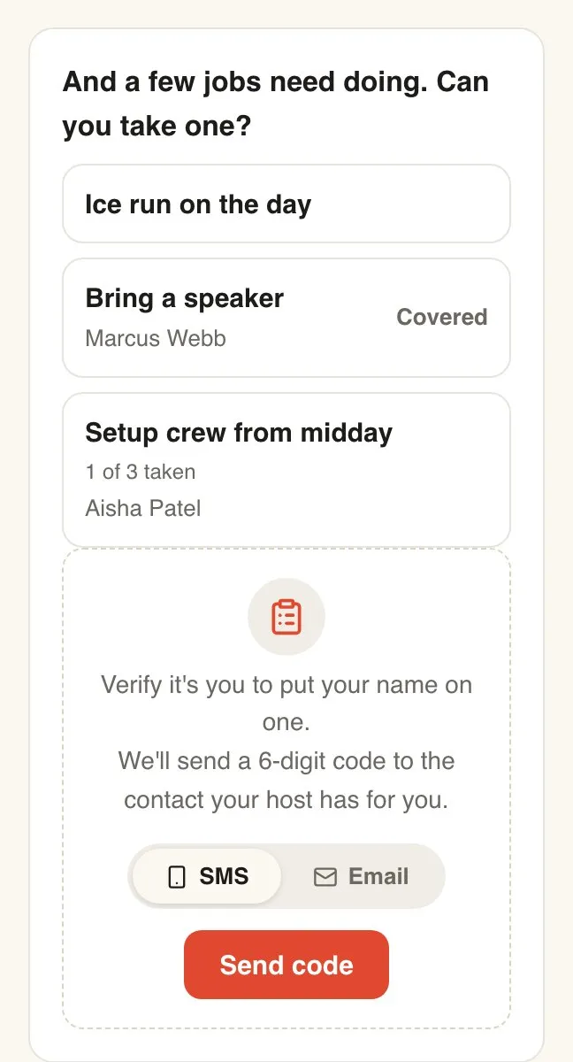 The sign-up list as guests see it, with jobs, names and the code card