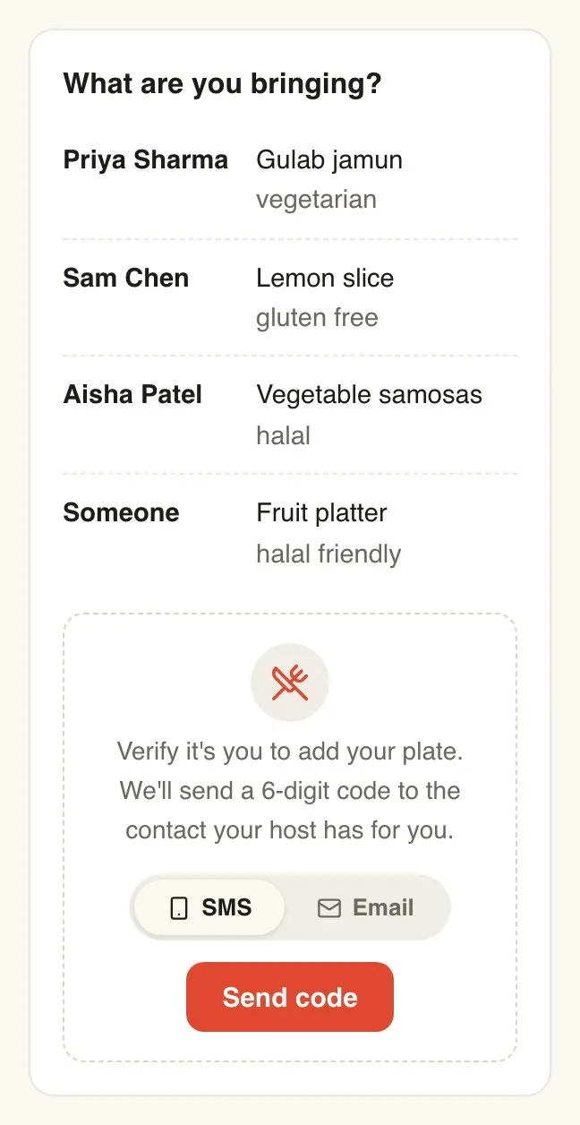 The potluck list as guests see it, with dishes, notes and the form to add a plate