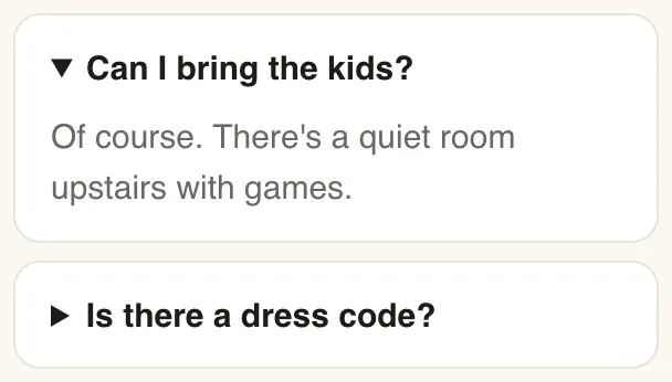 The FAQ as guests see it, with the first question open