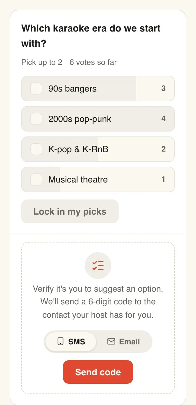 The poll as guests see it, with options and vote counts