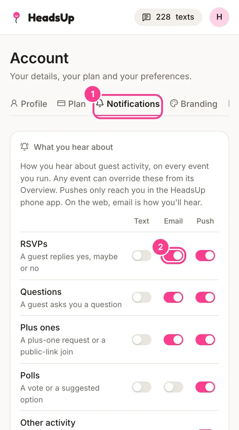 The Notifications tab with the Notifications tab and the email switch for RSVPs circled