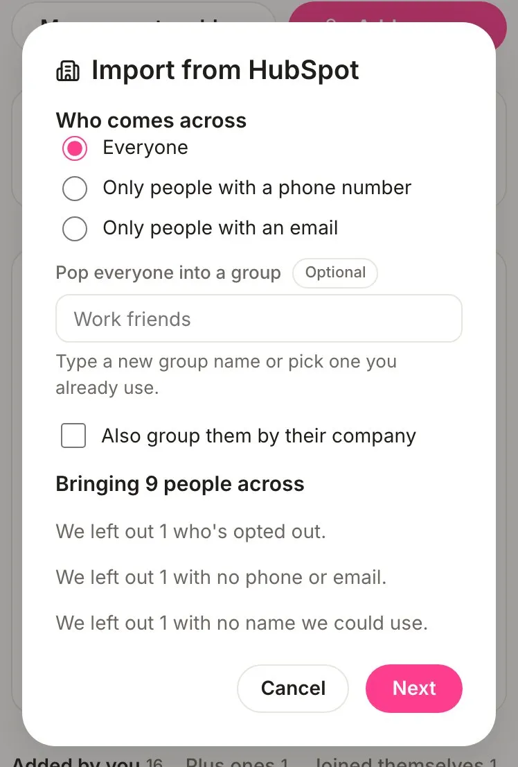 The Import from HubSpot window with Who comes across set to Everyone, an optional group field and Bringing 9 people across