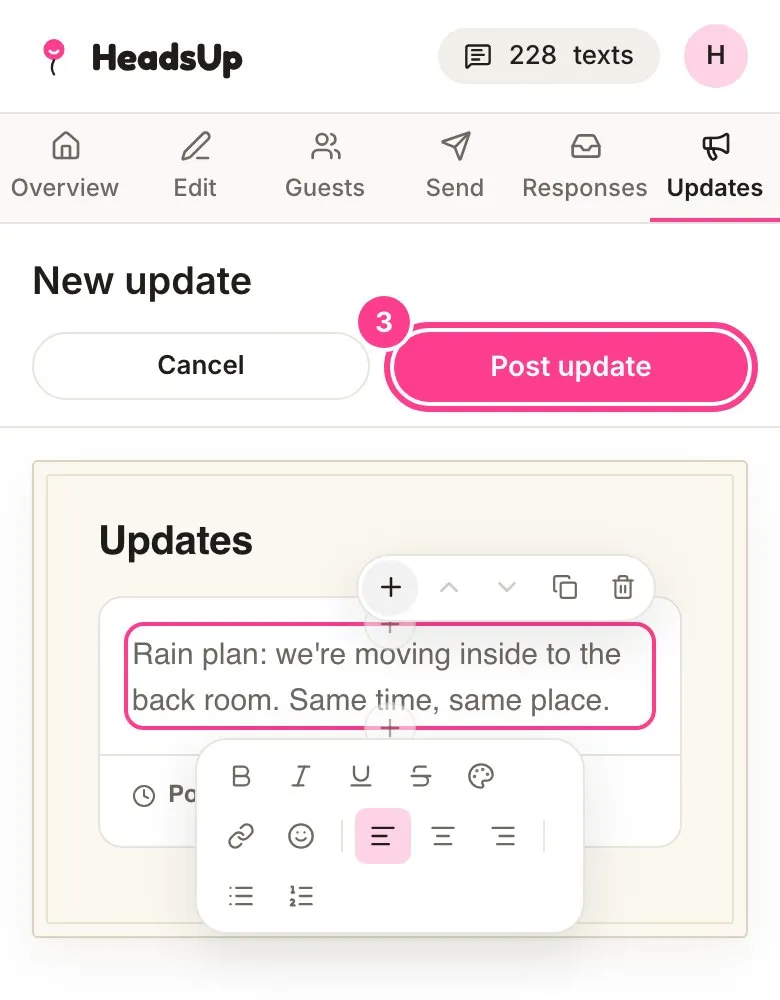 An update being written, with the Post update button circled