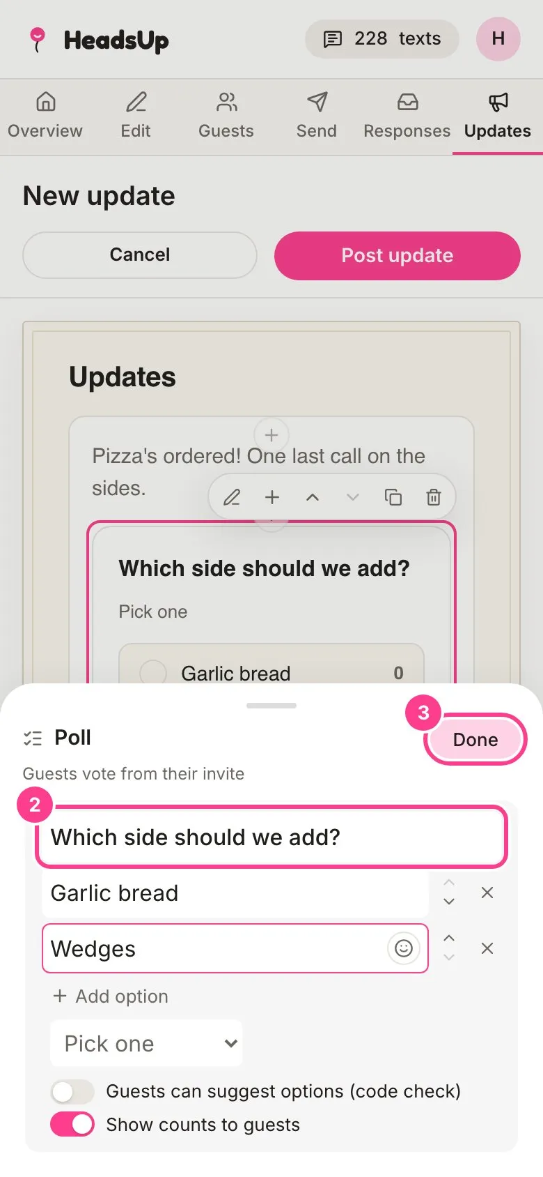 The poll settings with the question and the Done button circled