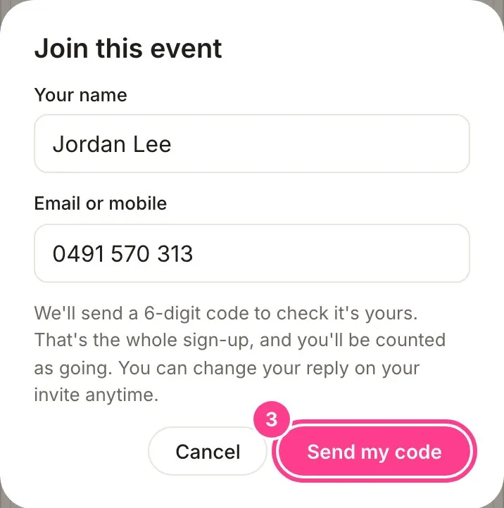 The Join this event form with a name and mobile filled in and the Send my code button circled