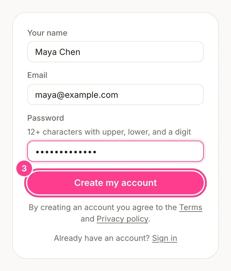 The sign-up form filled in, with the Create my account button circled